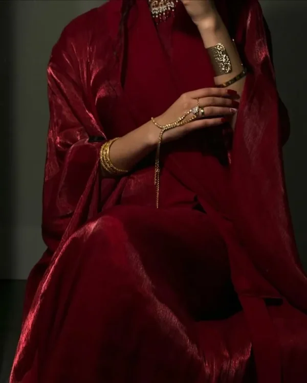 Crimson Red Korean Organza Abaya with Shrug Pattern and Matching Scarf – Elegant modest fashion for special occasions.