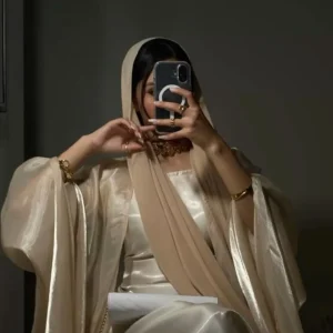Luxury Celestial Elegance Abaya with an organza shrug, Armani satin inner, and a matching organza scarf, available in White, Black, Navy Blue, and Dark Red. Elegant and perfect for formal occasions.
