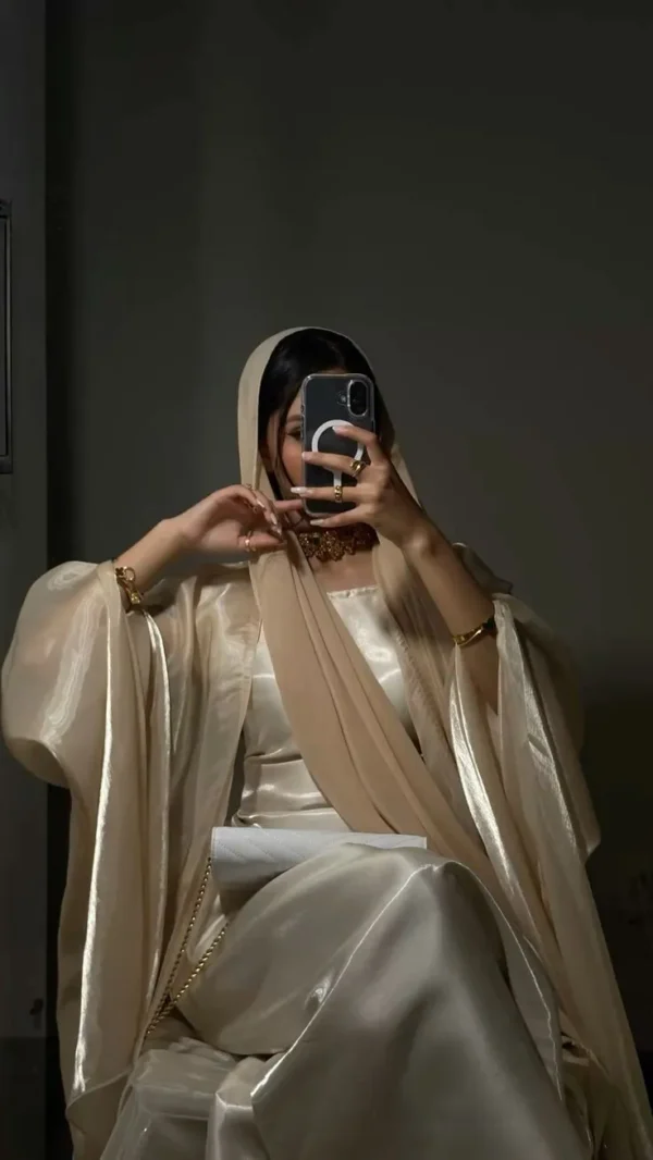 Luxury Celestial Elegance Abaya with an organza shrug, Armani satin inner, and a matching organza scarf, available in White, Black, Navy Blue, and Dark Red. Elegant and perfect for formal occasions.