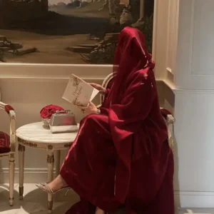Crimson Red Korean Organza Abaya with Shrug Pattern and Matching Scarf – Elegant modest fashion for special occasions.