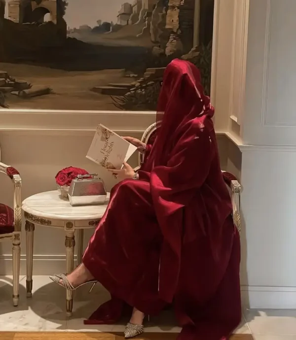 Crimson Red Korean Organza Abaya with Shrug Pattern and Matching Scarf – Elegant modest fashion for special occasions.