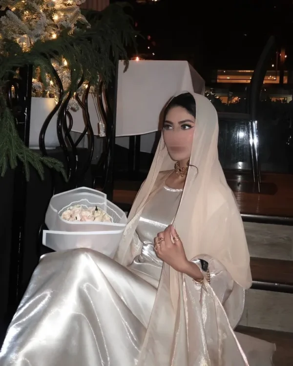 Luxury Celestial Elegance Abaya with an organza shrug, Armani satin inner, and a matching organza scarf, available in White, Black, Navy Blue, and Dark Red. Elegant and perfect for formal occasions.
