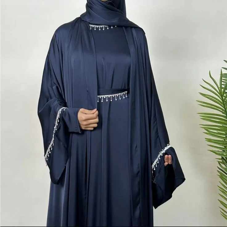 Elegant Satin Abaya in Navy Blue with Matching Hijab" by Loomed Charm