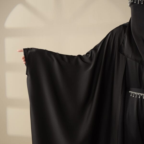 Elegance Beaded Satin Abaya with Rhinestone Belt – Luxury Modest Wear