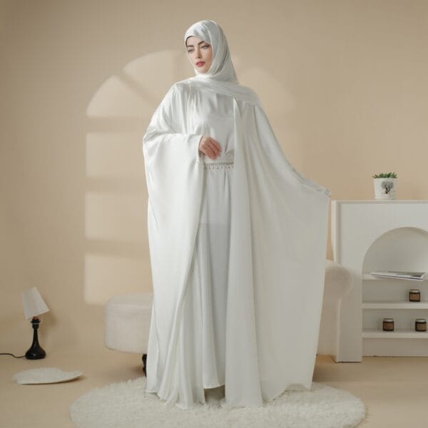 "Elegance Beaded White Satin Abaya with Rhinestone Belt – Luxury Modest Wear"