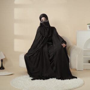 "Elegance Beaded Black Satin Abaya with Rhinestone Belt – Luxury Modest Wear"