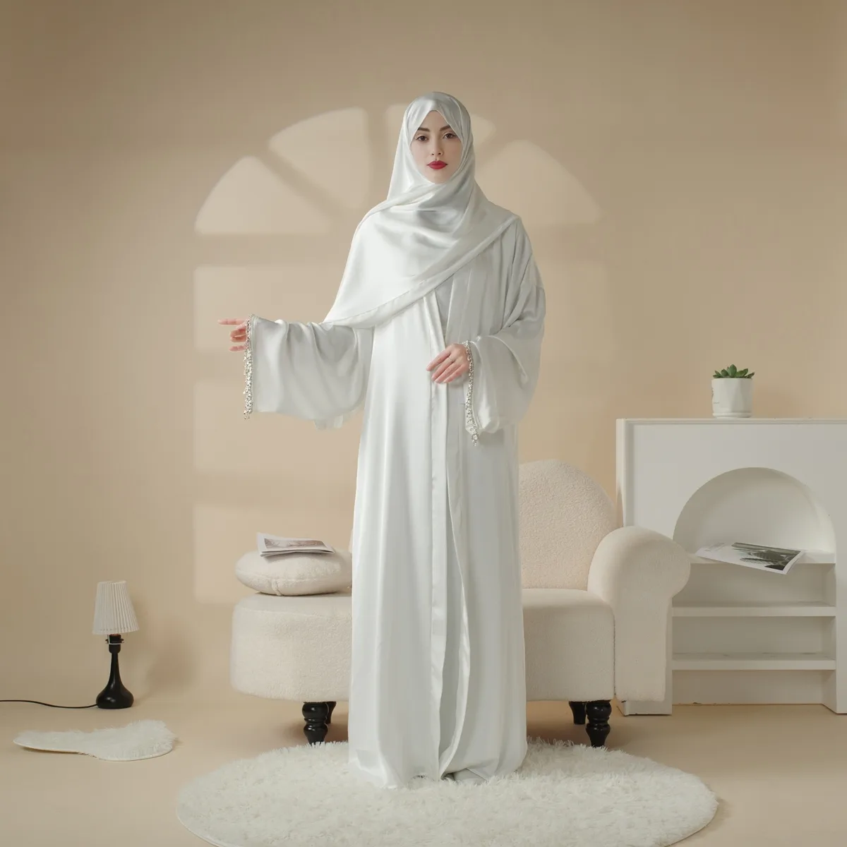 Elegant Satin Abaya in White with Matching Hijab" by Loomed Charm