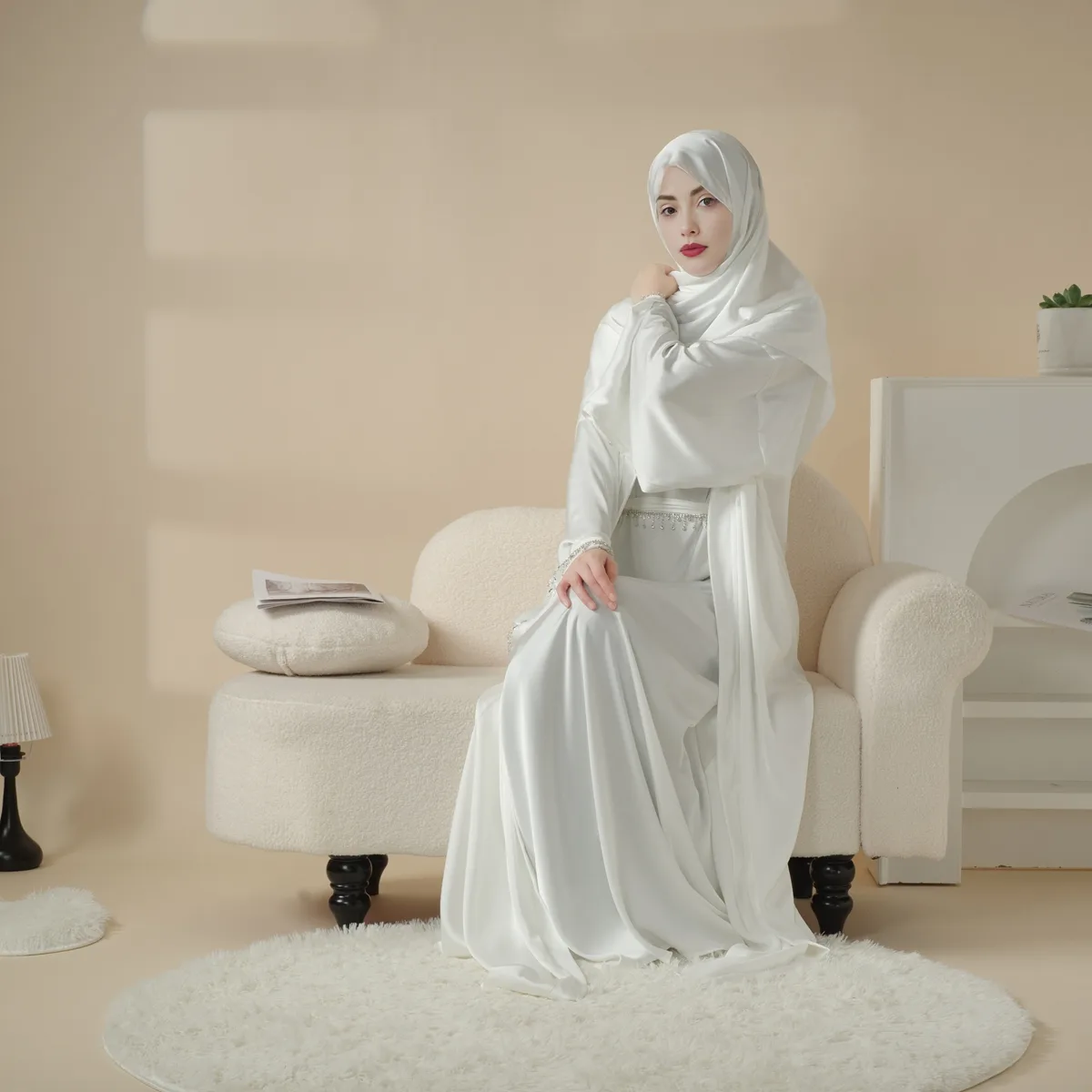 Elegant Satin Abaya Set with Matching Scarf and Belt - Image 7