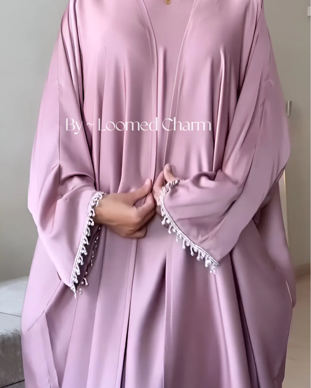 Elegant Satin Abaya in Pink with Matching Hijab" by Loomed Charm