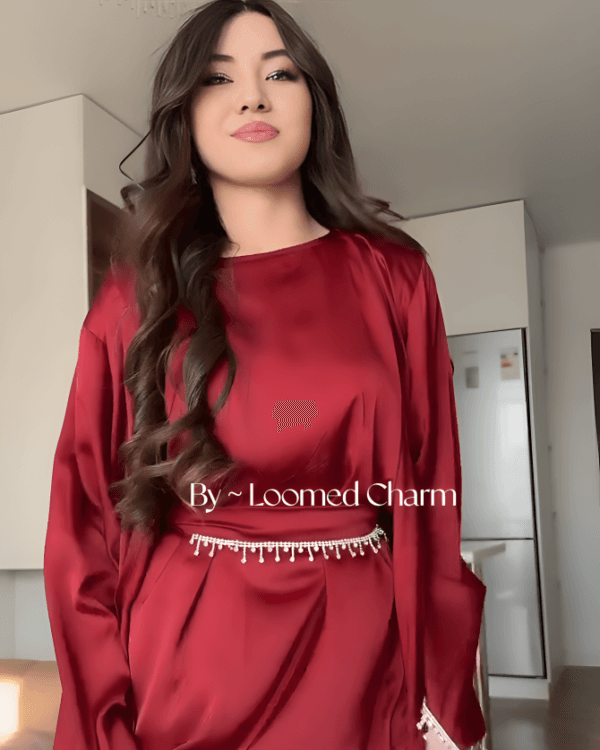 Elegant Satin Abaya in red with Matching Hijab" by Loomed Charm