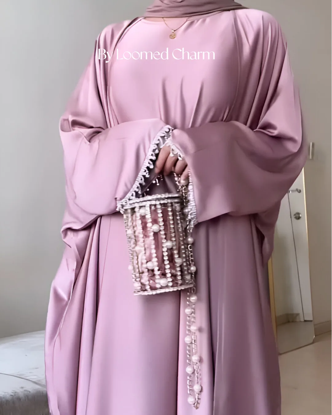 Elegant Satin Abaya in English Pink with Matching Hijab" by Loomed Charm