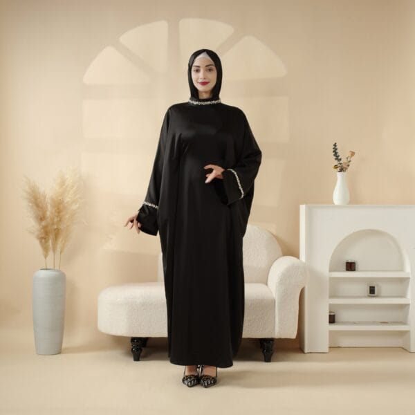 Embellish Occasional Kaftan Abaya in navy black Armani satin with crystal leaf tassel lace, featuring a matching scarf and adjustable belt