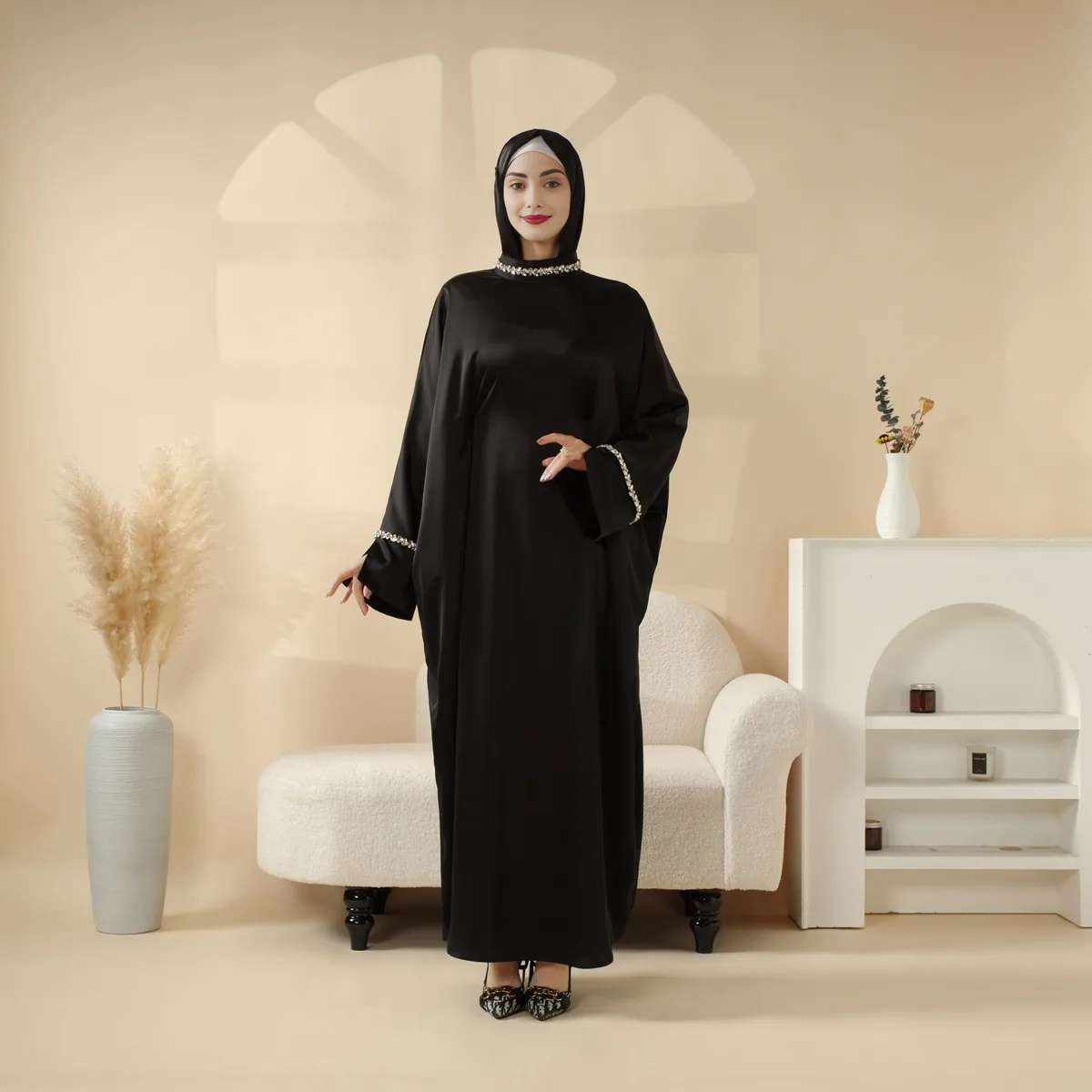 Embellish Occasional Kaftan Abaya in navy black Armani satin with crystal leaf tassel lace, featuring a matching scarf and adjustable belt
