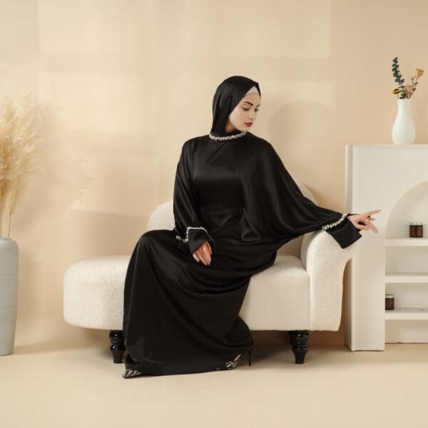 Embellish Occasional Kaftan Abaya in navy black Armani satin with crystal leaf tassel lace, featuring a matching scarf and adjustable belt