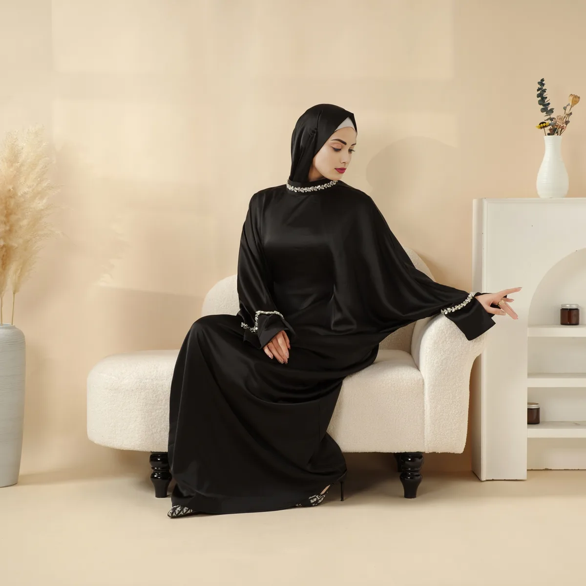 Embellish Occasional Kaftan Abaya in navy black Armani satin with crystal leaf tassel lace, featuring a matching scarf and adjustable belt