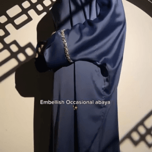 Embellish Occasional Kaftan Abaya in navy blue Armani satin with crystal leaf tassel lace, featuring a matching scarf and adjustable belt.