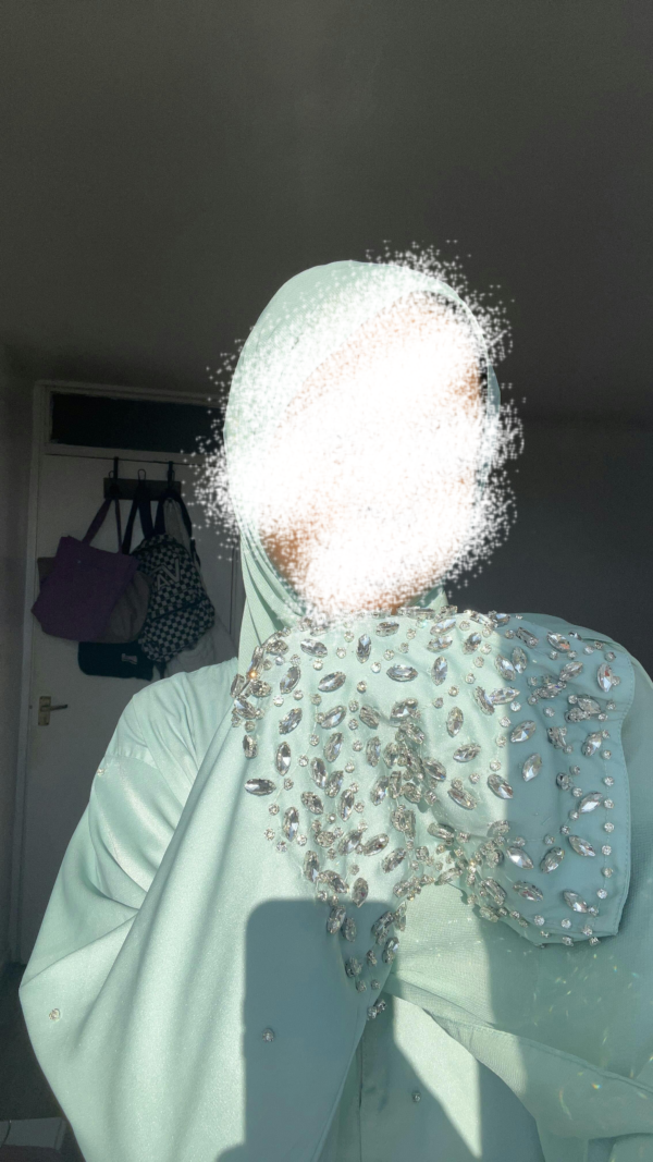 Nida Abaya with Front Open Buttons, Crystal Embellishments on Sleeves and Front, Available in 3 Colors, Sizes 50-60 with Matching Scarf.