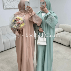 Layali Luxury Abaya in satin & Nidah with diamond tassel stone available in 4 colors