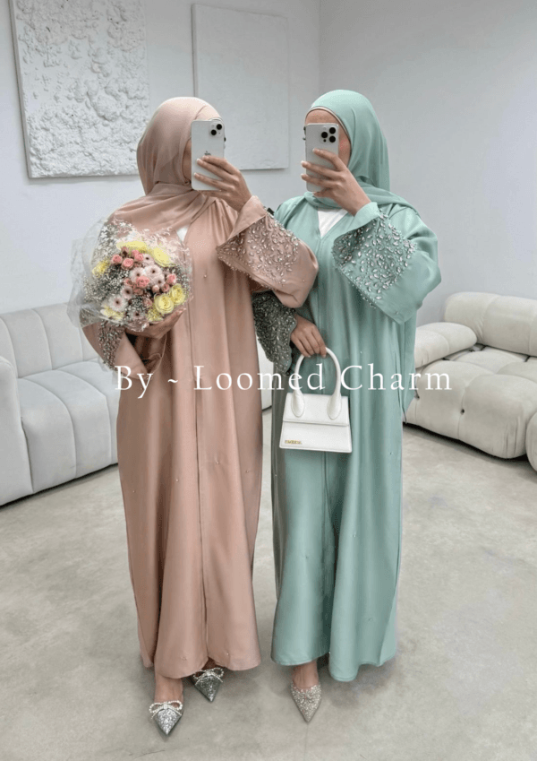 Nida Abaya with Front Open Buttons, Crystal Embellishments on Sleeves and Front, Available in 3 Colors, Sizes 50-60 with Matching Scarf.