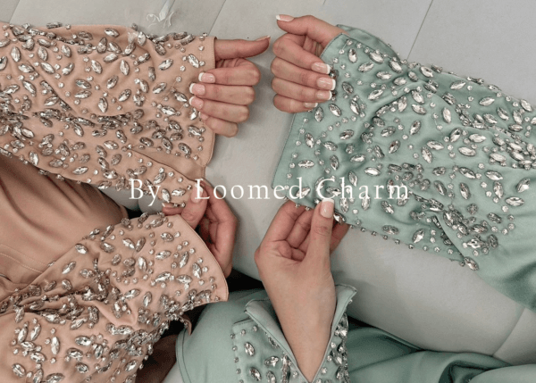 Nida Abaya with Front Open Buttons, Crystal Embellishments on Sleeves and Front, Available in 3 Colors, Sizes 50-60 with Matching Scarf.