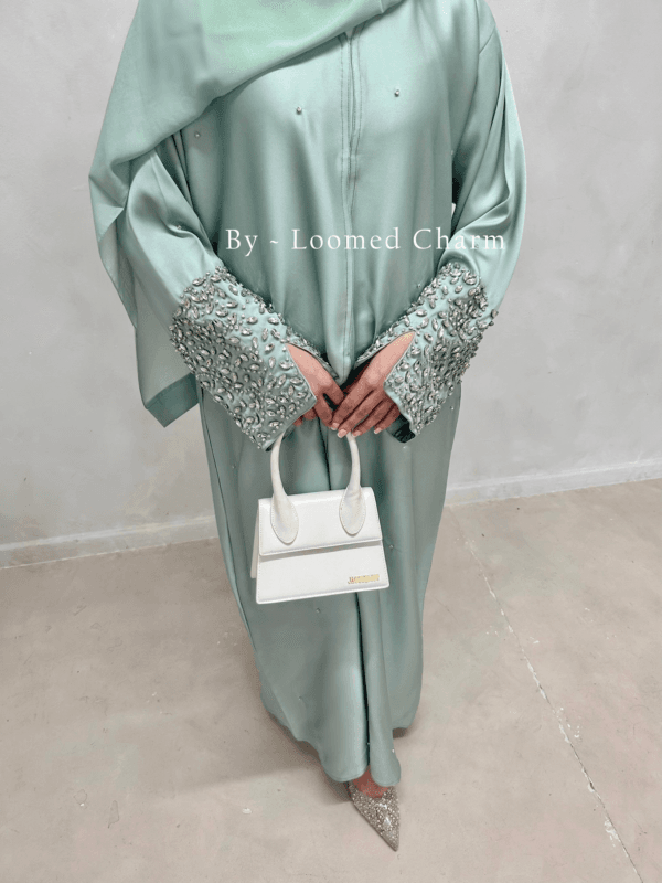 Nida Abaya with Front Open Buttons, Crystal Embellishments on Sleeves and Front, Available in 3 Colors, Sizes 50-60 with Matching Scarf.