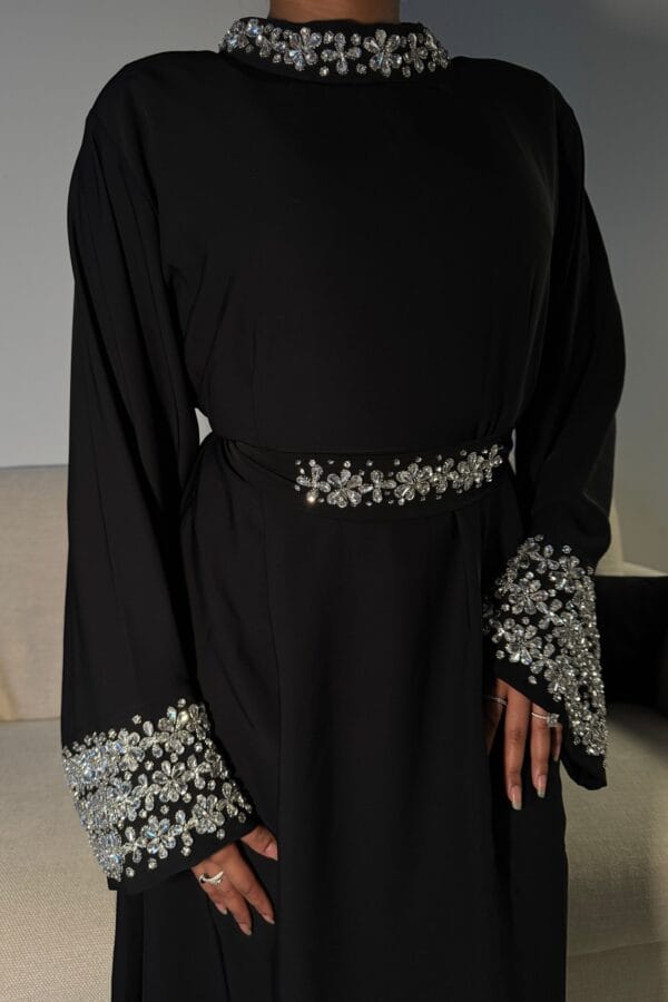 Malikat Al Noor Gown-Abaya with Crystal Embellishments and Detachable Belt, Made from Imported Nida Fabric, Includes Free Black Scarf.
