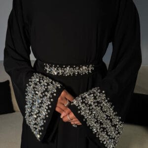 Malikat-Al-Noor Gown Style Abaya with Stone Belt and Embellished Sleeves