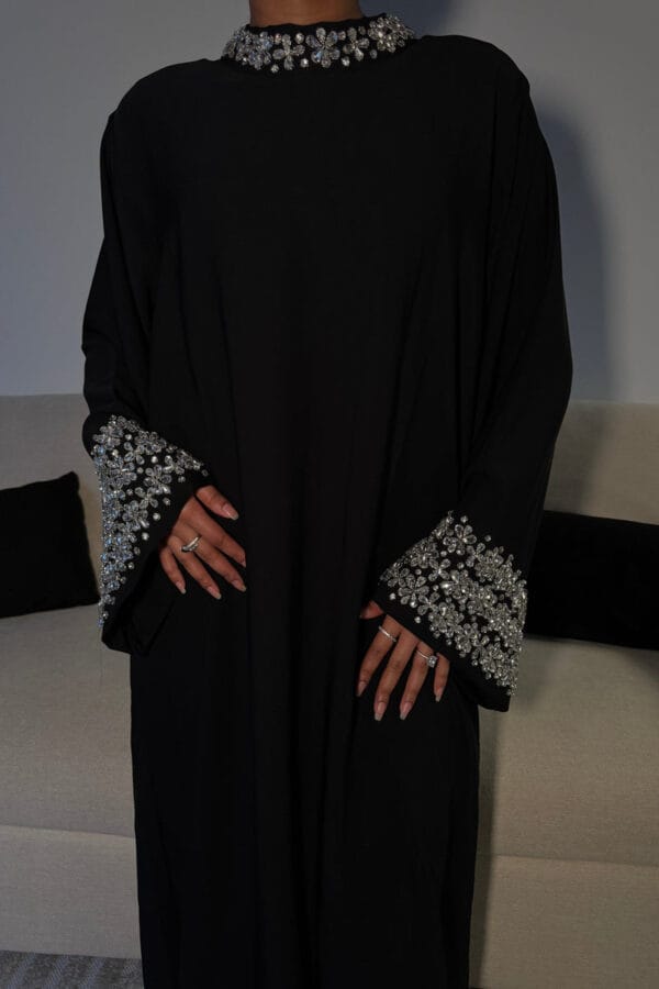 Malikat Al Noor Gown-Abaya with Crystal Embellishments and Detachable Belt, Made from Imported Nida Fabric, Includes Free Black Scarf.
