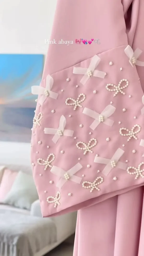 Bushra Pearl Bow Abaya – Front Open Nidah Fabric Abaya with Pearl and Bow Sleeve Detailing