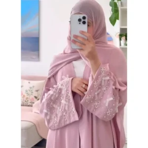 Bushra Pearl Bow Abaya – Front Open Nidah Fabric Abaya with Pearl and Bow Sleeve Detailing