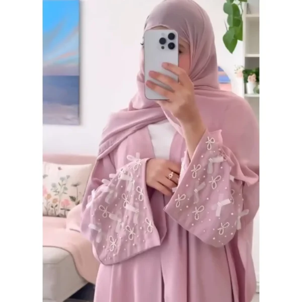 Bushra Pearl Bow Abaya – Front Open Nidah Fabric Abaya with Pearl and Bow Sleeve Detailing