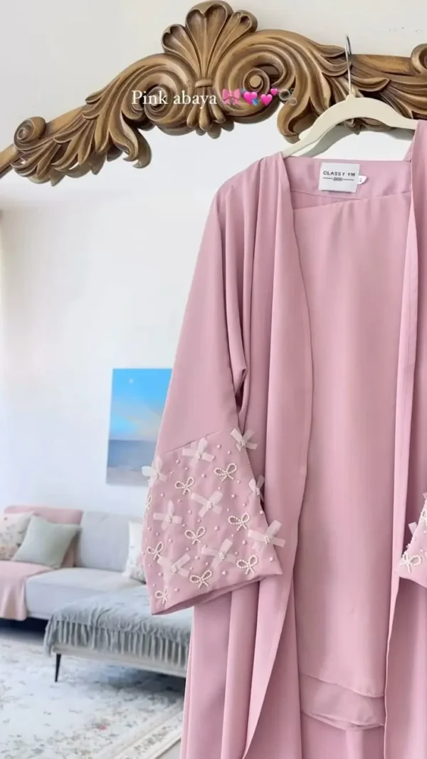 Bushra Pearl Bow Abaya – Front Open Nidah Fabric Abaya with Pearl and Bow Sleeve Detailing