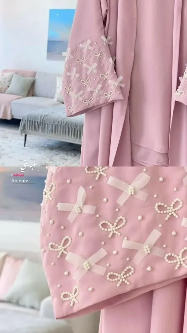 Bushra Pearl Bow Abaya – Front Open Nidah Fabric Abaya with Pearl and Bow Sleeve Detailing