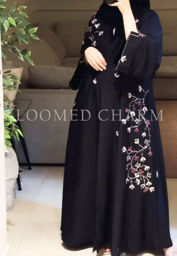 Black Bahara Abaya with silver and red Katdana hand embroidery – includes matching scarf – Loomed Charm