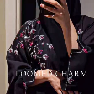 Black Bahara Abaya with silver and red Katdana hand embroidery – includes matching scarf – Loomed Charm