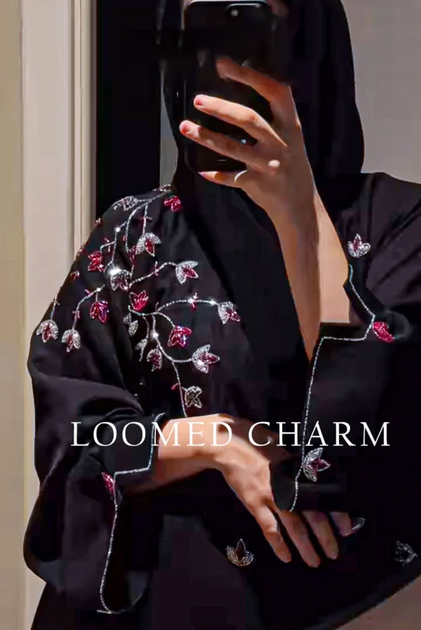 Black Bahara Abaya with silver and red Katdana hand embroidery – includes matching scarf – Loomed Charm