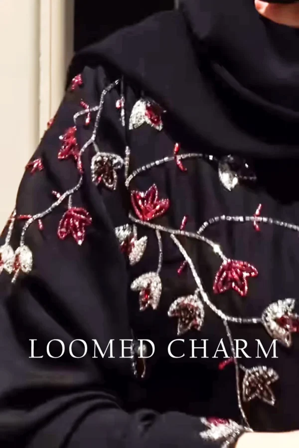 Black Bahara Abaya with silver and red Katdana hand embroidery – includes matching scarf – Loomed Charm
